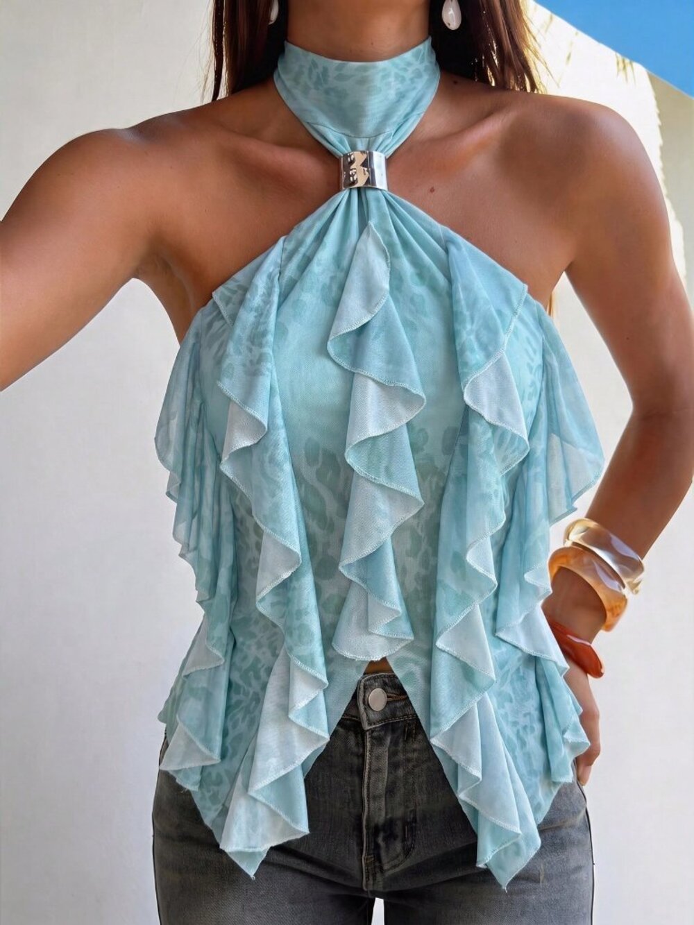 Blue Casual Women's Metal Decor Leopard Print Ruffle Trim Tank Top